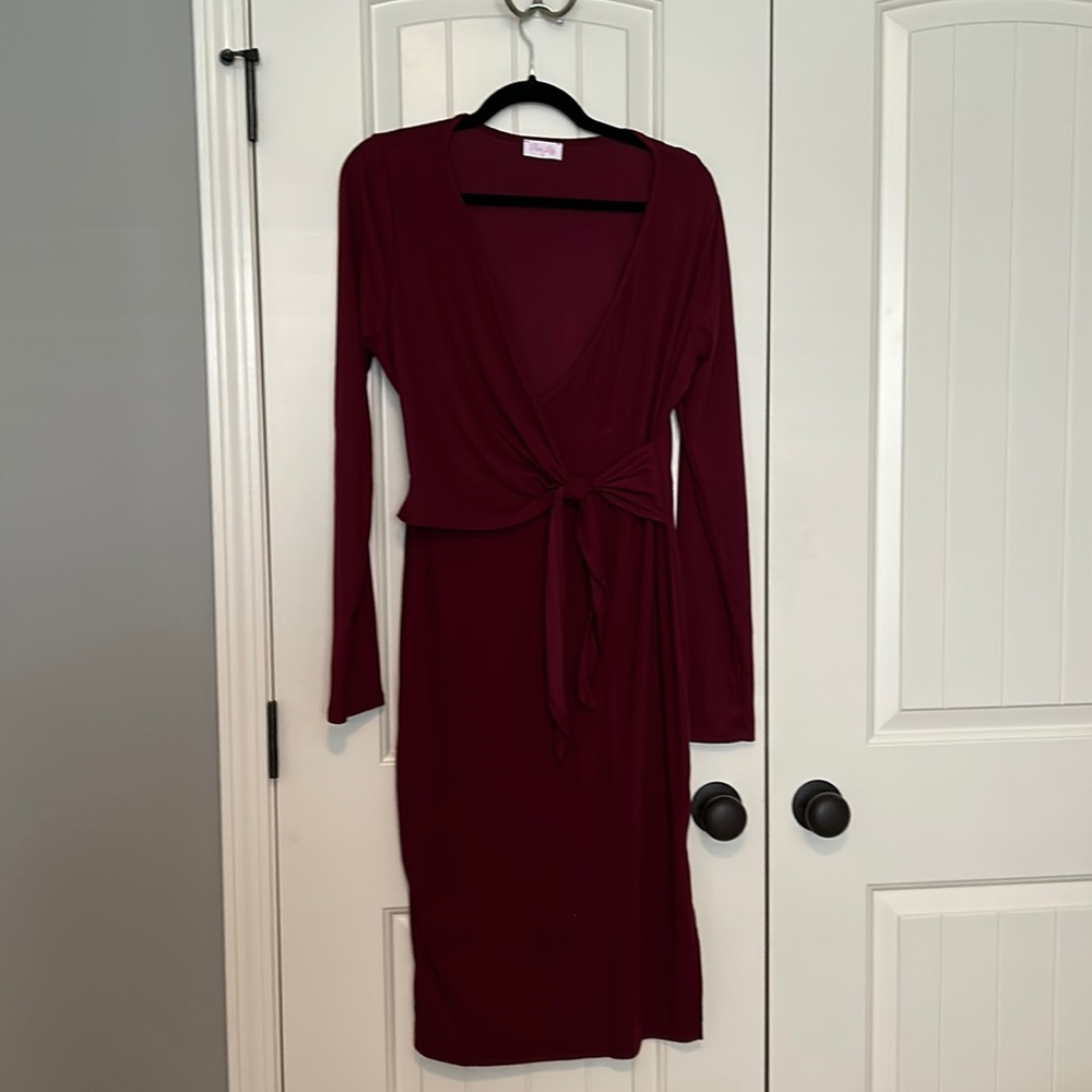 Burgundy Ribbed, Long Sleeve Cotton Dress, Size Large